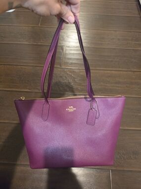 Coach Plum Leather Zip-Top Tote with Gold Hardware